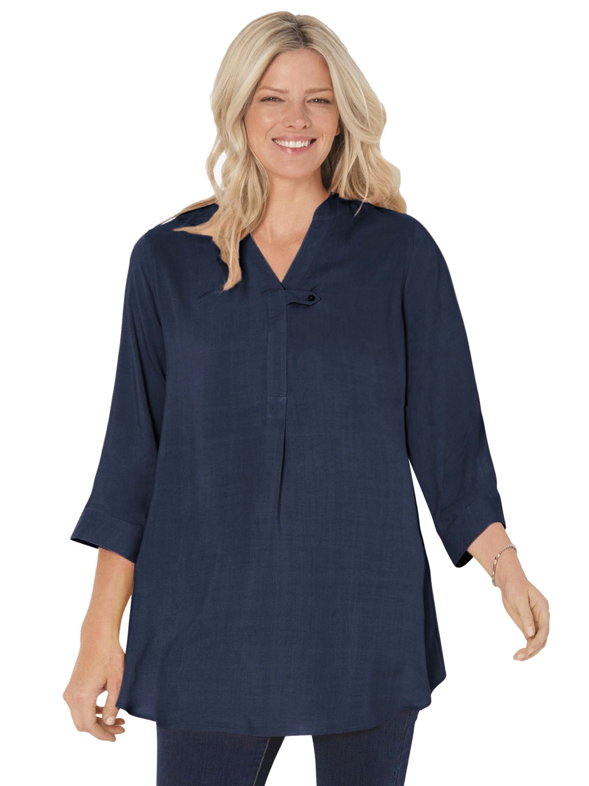 Woman Within - - NAVY 3/4 Sleeve Tab Front Tunic - Plus Size 16/18 to ...