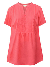 WW CORAL Pintucked Notched Y-Neck Half-Button Cotton Tunic - Plus Size 24/26 to 32/34 (US 1X to 3X)