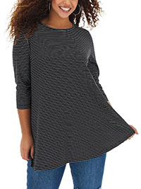 BLACK Striped 3/4 Sleeve Swing Top - Plus Size 16 to 28
