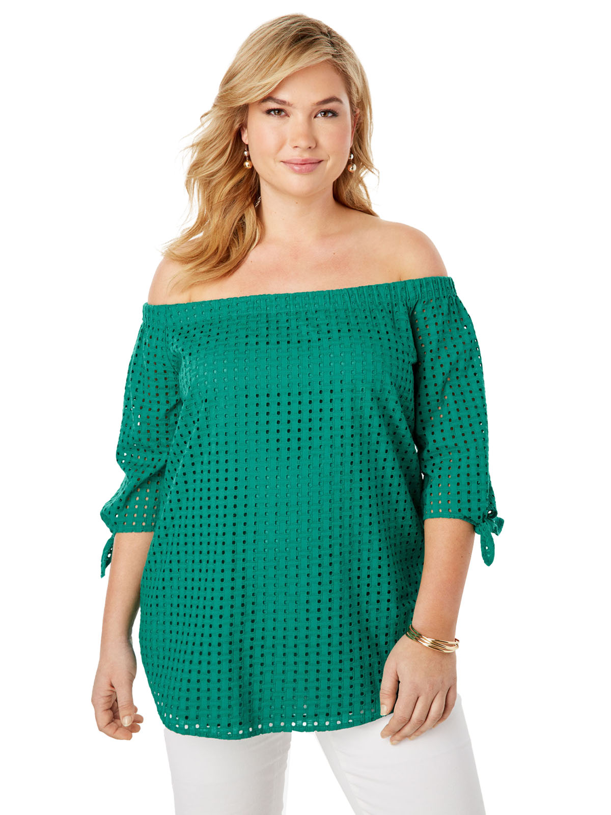 Jessica London Jessica London GREEN Eyelet OffTheShoulder Shirt