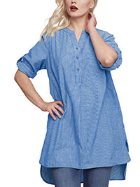 SKY-BLUE Striped Henley Tunic - Plus Size 16/18 to 24/26 (US M to 1X)