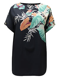 BLACK Tropical Print Button Detail Boxy Top - Size 10 to 32