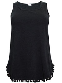 BLACK Pure Cotton Pom Pom Trim Vest Top - Plus Size 14 to 16