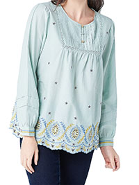 Lori Goldstein TURQUOISE Lily White Cotton Woven Blouse with Embroidery - Plus Size 16/18 to 36/38 (L to 4XL)