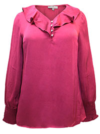 WINE Satin Frill Blouse - Plus Size 12 to 22