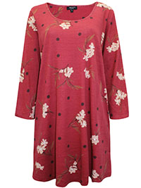 BURGUNDY Floral Print 3/4 Sleeve Tunic - Plus Size 16 to 32