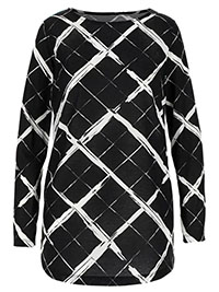 BLACK Stitch Print Long Sleeve Dipped Hem Top - Plus Size 12 to 22