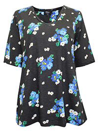 BLACK Floral Print Short Sleeve Top - Plus Size 12 to 32