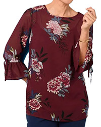 BURGUNDY Floral Print Tie Cuff Top - Plus Size 12 to 24