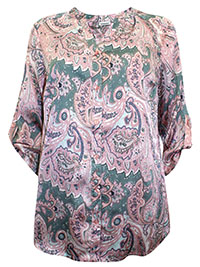 SHELL-PINK Paisley Print Roll Sleeve Satin Blouse - Size 10 to 24