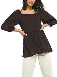 CHOCOLATE Square Neck 3/4 Sleeve Crinkle Top - Plus Size 12 to 30