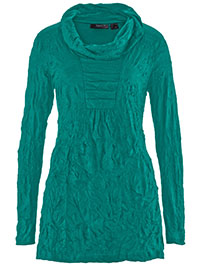 TEAL-GREEN Long Sleeve Cowl Neck Pleat Placket Crinkle Effect Tunic  - Size 10/12 to 30/32 (S to 3XL)