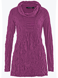 PURPLE Long Sleeve Cowl Neck Pleat Placket Crinkle Effect Tunic - Size 10/12 to 30/32 (S to 3XL)