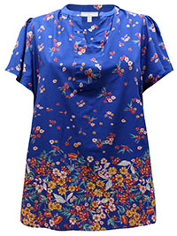 BLUE Pure Cotton Border Print Notch Neck Top - Plus Size 20/22 to 28/30 (US L to 2X)