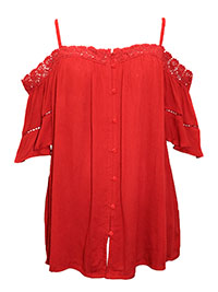 RED Crochet Trim Button Front Crinkle Bardot Top - Size 8 to 26 (EU 36 to 54)
