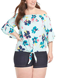 AQUA Floral Print Bardot Tie Hem Top - Plus Size 14/16 to 30/32 (US 10/12 to 26/28)