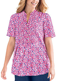 WW PINK Pintucked Notched Y-Neck Half-Button Cotton Tunic - Plus Size 16/18 to 44/46 (US M to 6X)