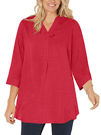 RED 3/4 Sleeve Tab-Front Tunic - Plus Size 20/22 to 40/42 (US L to 5X)