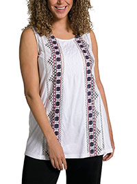 WHITE Embroidered Smocked Round Neck Cotton Tank - Plus Size 16/18 to 36/38 (US 12/14 to 32/34)