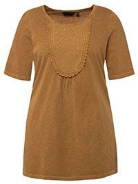 COFFEE Embroidered Inset Round Neck A-Line Fit Slub Tee - Plus Size 16/18 to 36/38 (US 12/14 to 32/34)