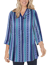 BLUE Printed 3/4 Sleeve Tab-Front Tunic - Plus Size 20/22 to 24/26 (US L to 1X)