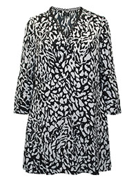 BLACK Animal Print Long Sleeve Lace Trim Tunic - Plus Size 20 to 30