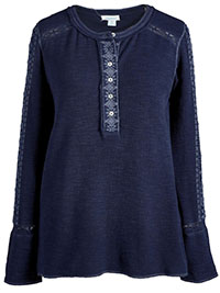 NAVY Guiding Paths Embroidered Double Knit Cotton Henley Top - Size 6 to 20 (XS to XXL)