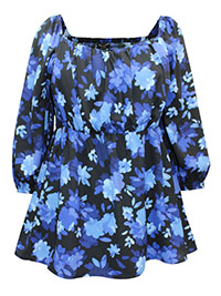 BLUE Floral Pleated Front Top - Plus Size 12 to 32