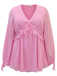 PINK Frill & Tie Front Jacquard Long Sleeve V-Neck Smock Top - Plus Size 18 to 32