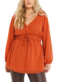 RUST Shirred Waist Detail V-Neck Blouse - Plus Size 12 to 26