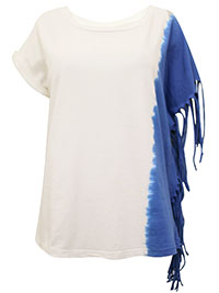 IVORY/BLUE Pure Cotton Tie Dye Fringe Side T-Shirt - Size 10/12 to 18/20 (S to L)