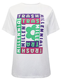 WHITE Pure Cotton 'Millennial Trash' Print T-Shirt - Size 10 to 18 (XS to XL)