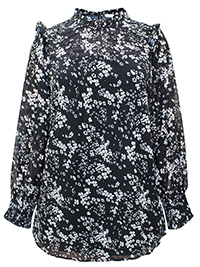 Curve BLACK Floral Print High Neck Shirred Cuff Blouse - Plus Size 18 to 24