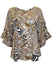 BLACK Animal Print Frill Sleeve Woven Top - Size 10 to 24