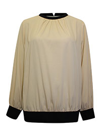 ALMOND Contrast Trim Matt Satin Long Sleeve Top - Size 8 to 24