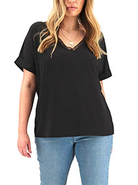 BLACK Lace Trim Short Sleeve Top - Plus Size 16 to 20