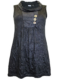 BLACK Sleeveless Cowl Neck Button Top - Size 10/12 to 30/32 (S to 3XL)