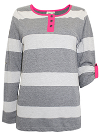 GREY Pure Cotton Color Block Stripe Roll Sleeve Top - Plus Size 18/20 (EU 44/46)