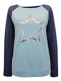 BLUE Pure Cotton Sequin Star Raglan Sleeve Top - Plus Size 14/16 to 22/24 (EU 40/42 to 48/50)
