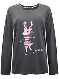 CHARCOAL Pure Cotton Reindeer Print Long Sleeve Top - Plus Size 18/20 (L)