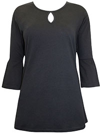 BLACK Pure Cotton Flute Sleeve Keyhole Top - Size 10/12 to 30/32 (S to 3XL)