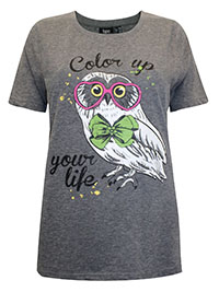 GREY Cotton Rich Owl Print T-Shirt - Size 10/12 to 30/32 (S to 3XL)