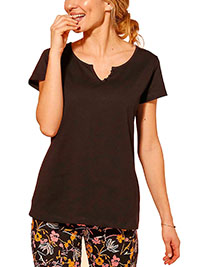 BLACK Pure Cotton Button Detail Notch Neck Top - Size 10/12 to 24 (EU 38/40 to 52)