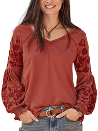 BRICK-RED Pure Cotton Embroidered Blouson Sleeve Top - Size 8 to 14/16 (S to L)