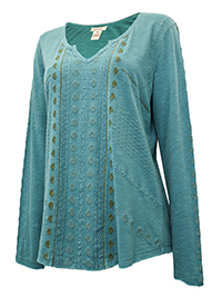 TURQUOISE Pure Cotton Embroidered Front Notch Neck Top - Size 6 to 20 (XS to XXL)