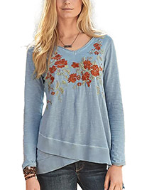 BLUE Pure Cotton Floral Embroidered Raw Edge Crossover Hem Top - Size 6 to 20 (XS to XXL)