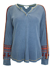 BLUE Pure Cotton Textured Embroidered Sleeve Top - Size 6 (XS)