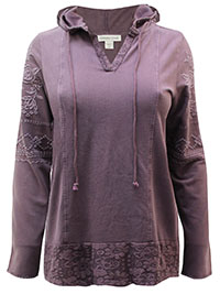 MAUVE Pure Cotton Embroidered Sleeve Crochet Lace Hem Hoodie - Size 10 to 24 (S to 3X)