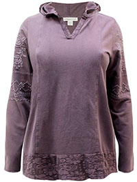 MAUVE Pure Cotton Embroidered Sleeve Crochet Lace Hem Hoodie - Plus Size 12 to 24 (S to 3X)