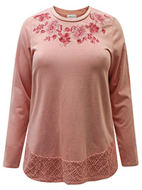 PEACH Pure Cotton Embroidered Yoke Crochet Hem Top - Size 10 to 24 (S to 3X)